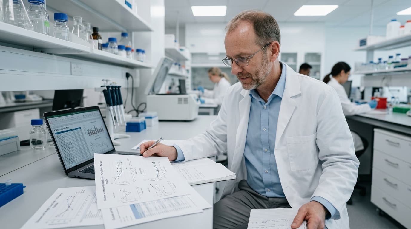 CGM weight loss clinical research scientist analyzing glucose trial data