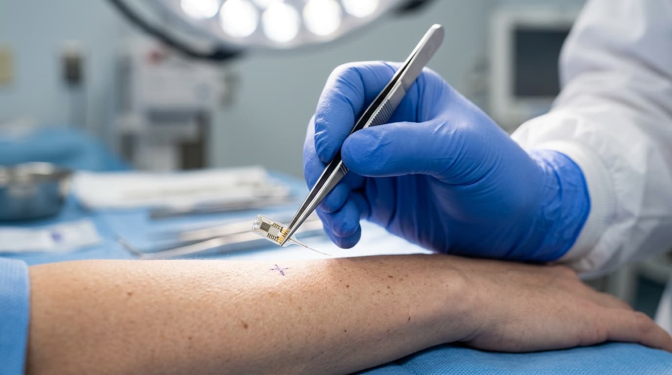 Eversense 365 implantable CGM sensor closeup fluorescence technology