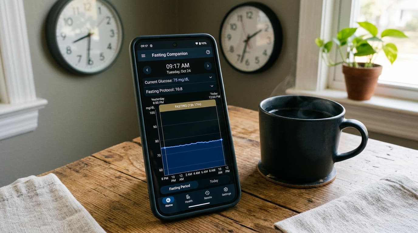 CGM glucose data during fasting showing dawn phenomenon and stability