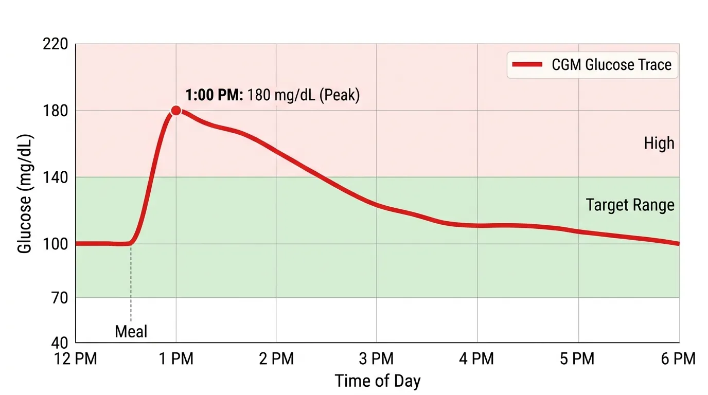 blood sugar spike graph CGM trace showing rapid glucose rise above 180 mg/dL