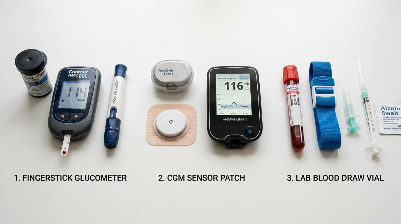 glucose testing devices CGM fingerstick meter and lab equipment comparison