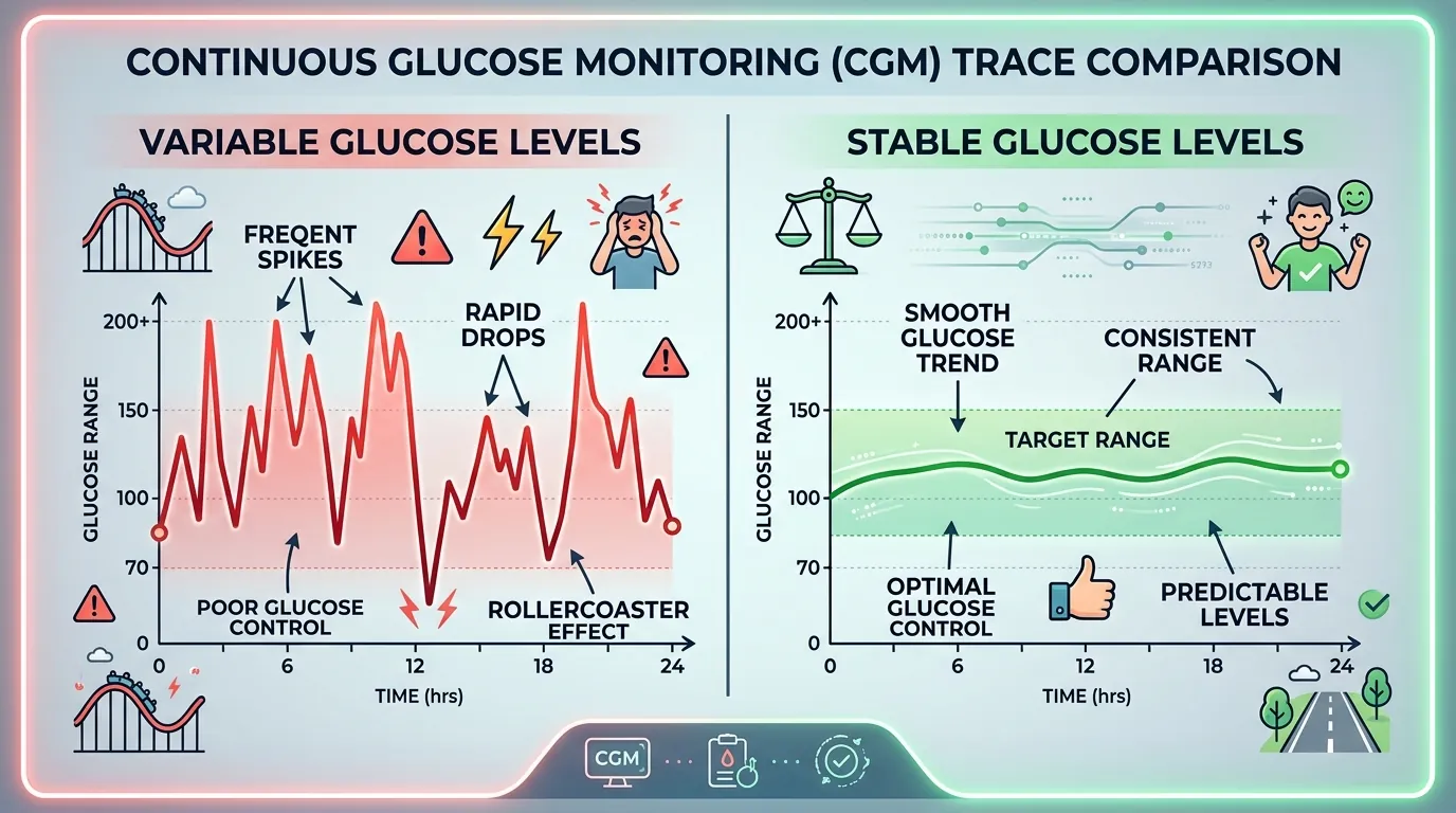 glycemic variability CGM trace comparing stable and variable blood sugar patterns