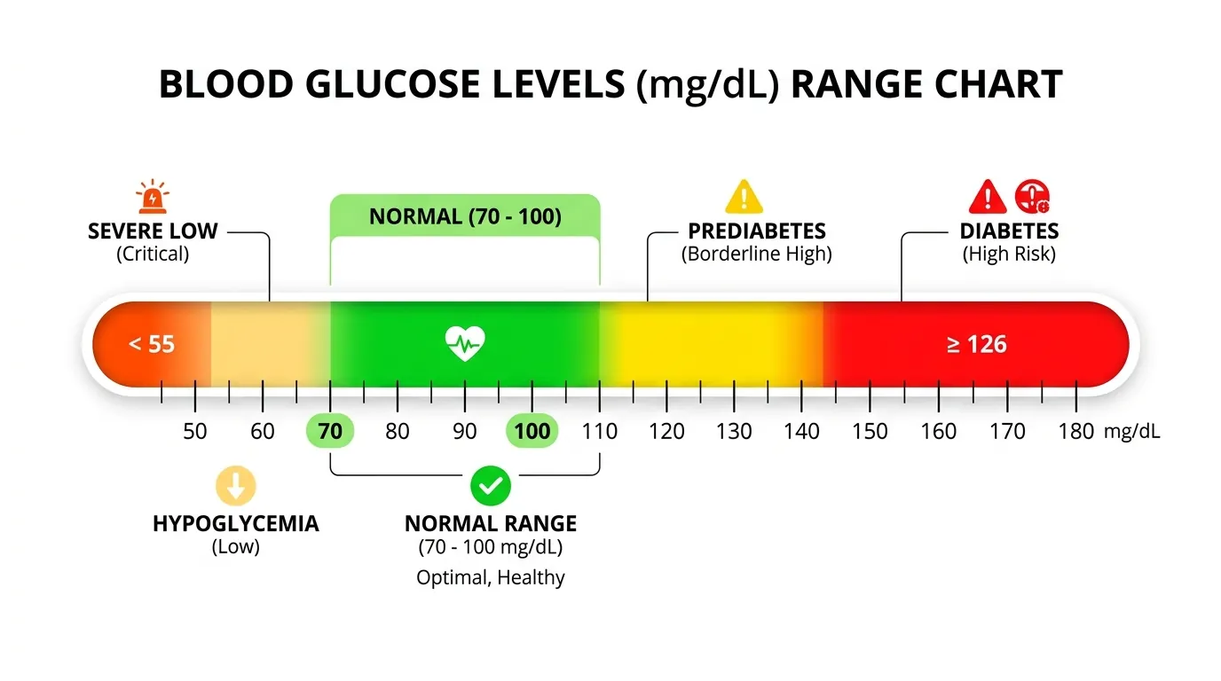 normal blood glucose range chart 70 to 100 mg/dL fasting reference