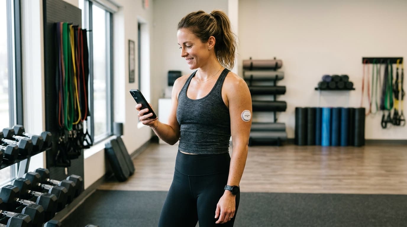 Dexcom Stelo OTC CGM worn by woman for wellness glucose tracking