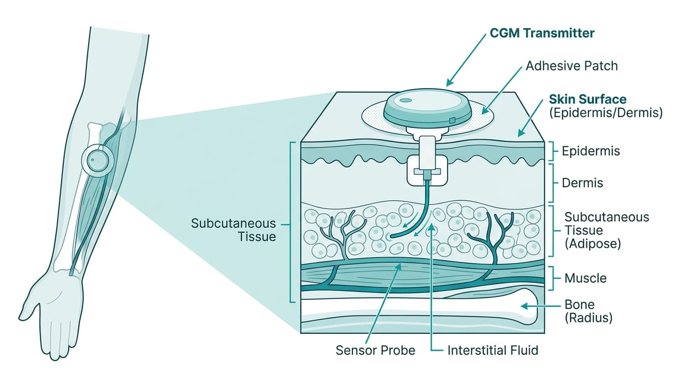 Senseonics Eversense implantable CGM sensor under skin with transmitter