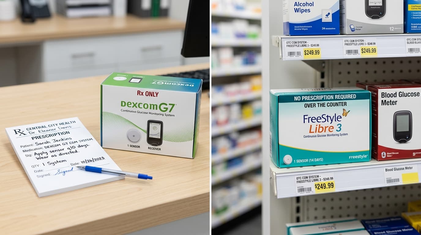 prescription CGM insulin pump alerts versus OTC wellness glucose tracking