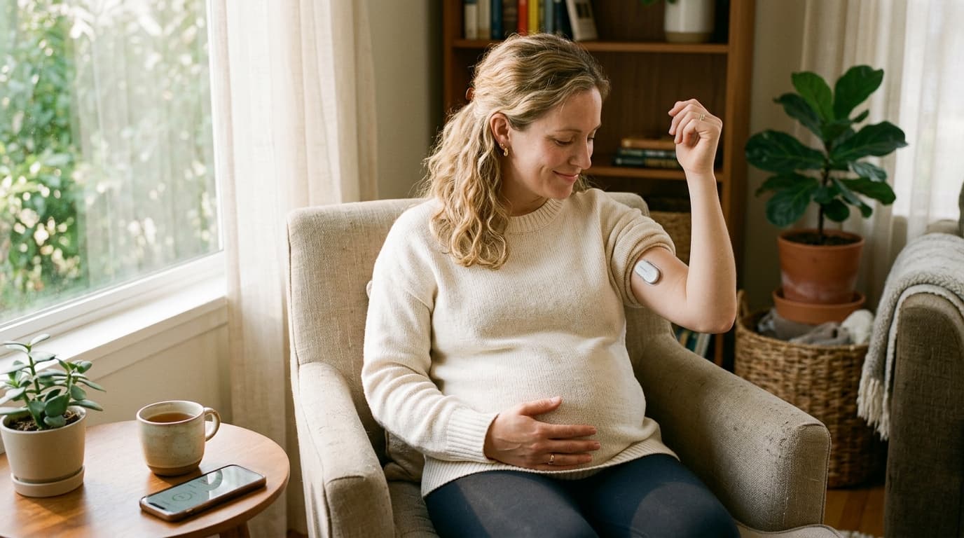 pregnant woman with gestational diabetes wearing CGM sensor on arm