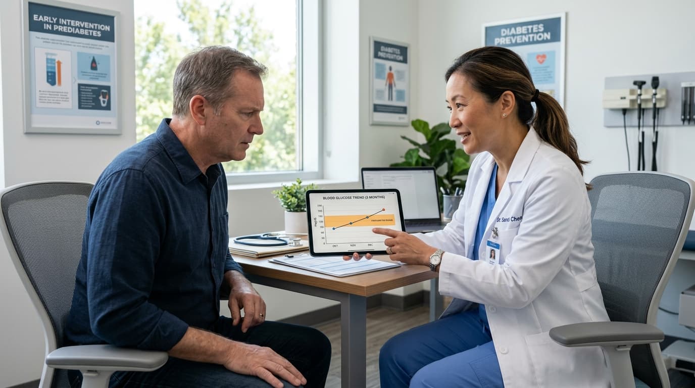 prediabetes patient and doctor reviewing CGM glucose trend data