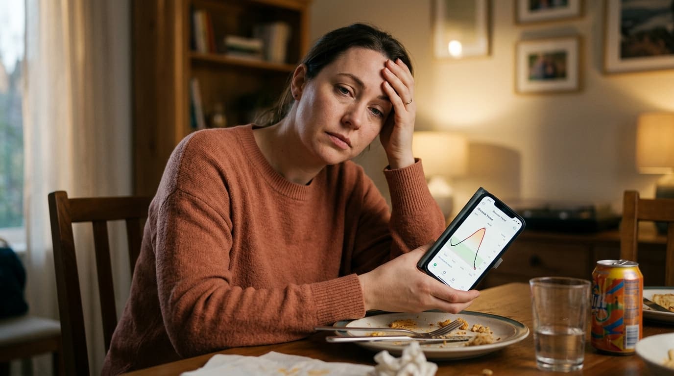 reactive hypoglycemia CGM graph showing postmeal glucose spike and crash
