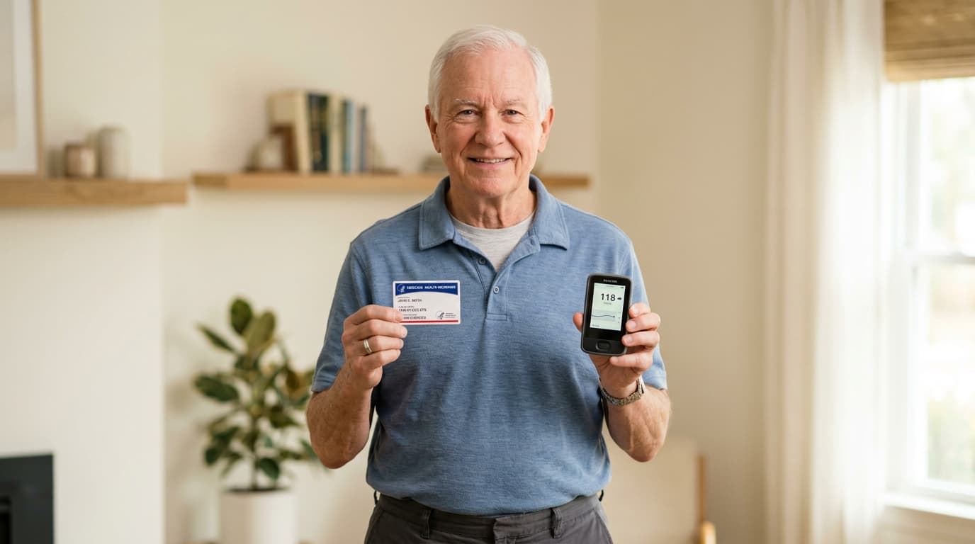 Medicare CGM coverage elderly man reviewing glucose monitor benefits