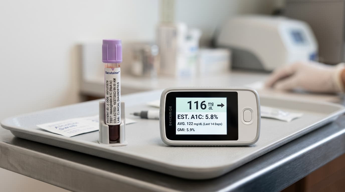 A1C glycated hemoglobin blood test vial and CGM glucose comparison