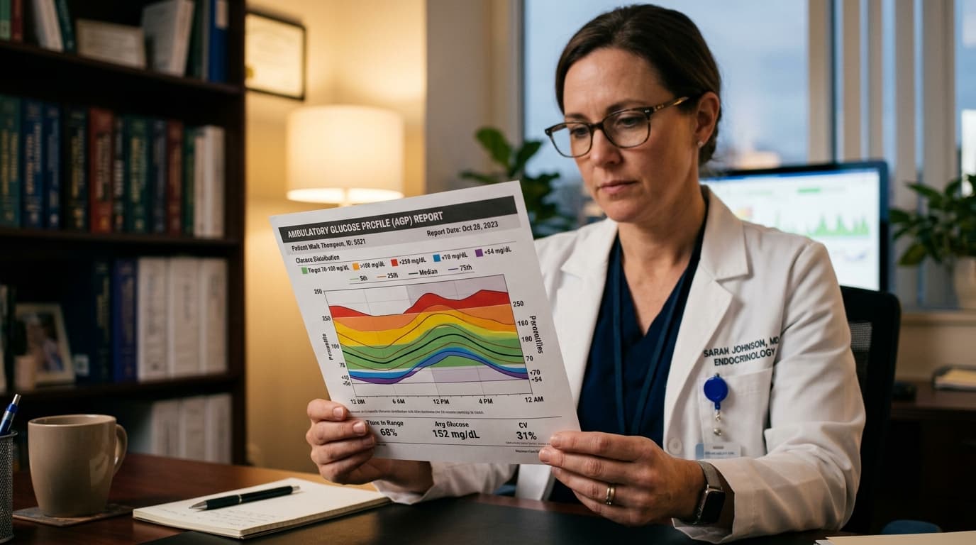 AGP report median glucose percentile bands and daily pattern analysis