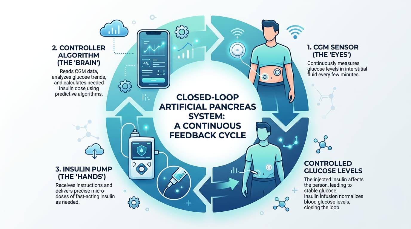 closed-loop system CGM and insulin pump automated delivery diagram