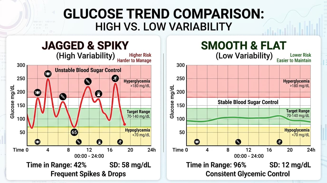 glycemic variability spiky versus stable CGM glucose trace comparison