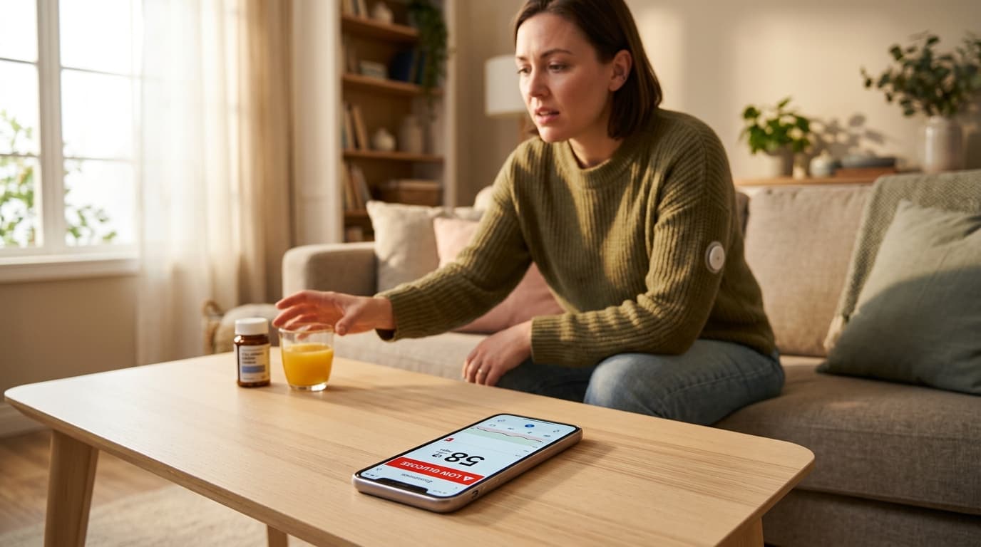 hypoglycemia low glucose alert CGM warning with fast-acting treatment