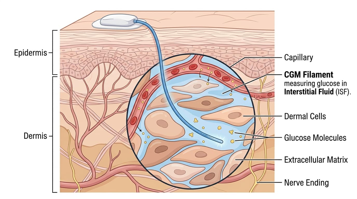 CGM filament in interstitial fluid measuring glucose beneath skin
