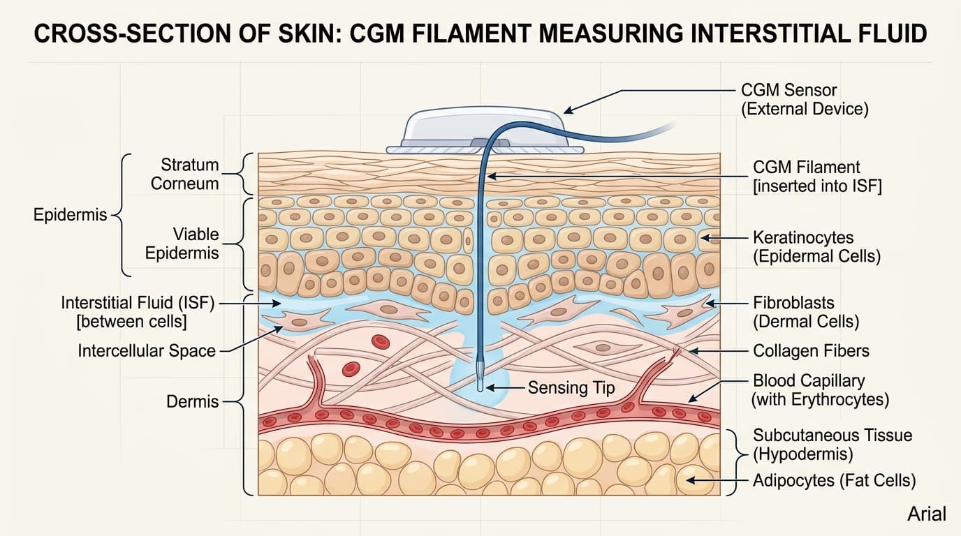 interstitial fluid CGM sensor skin diagram showing glucose measurement