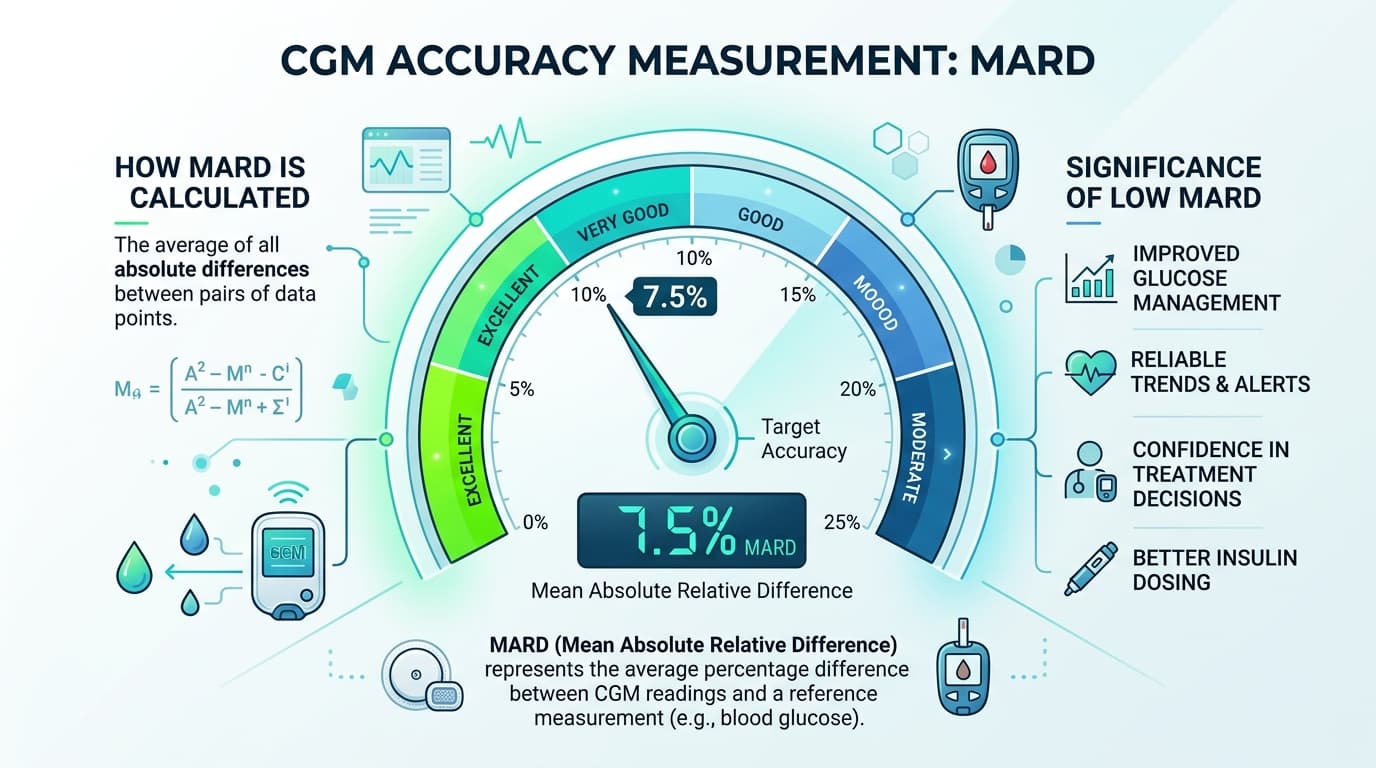 MARD percentage CGM accuracy metric lower value means more accurate