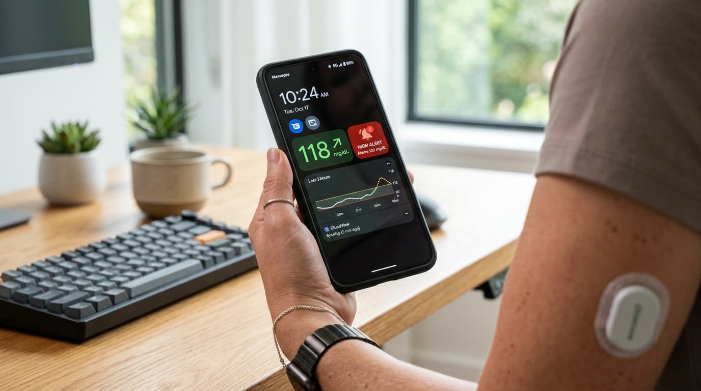 CGM transmitter device sending glucose data via Bluetooth to receiver