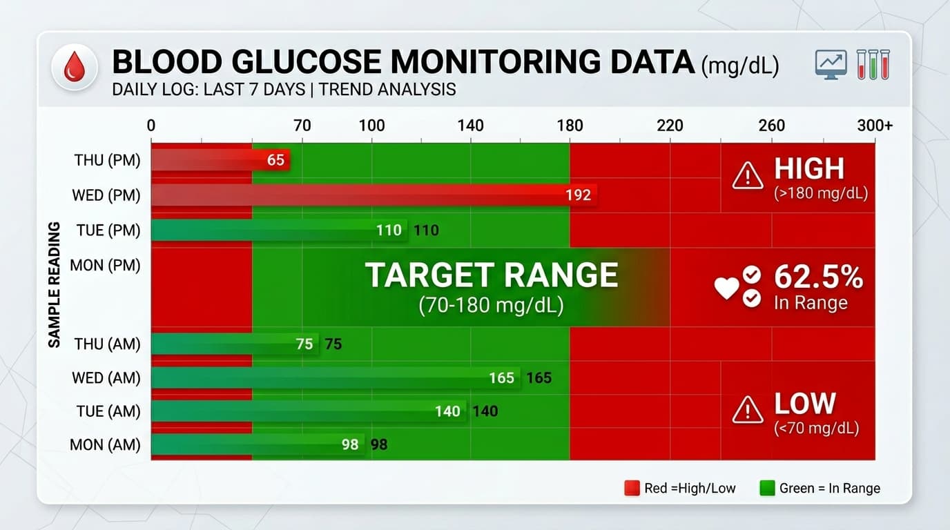 time in range glucose bar chart 70-180 mg/dL target zone percentage