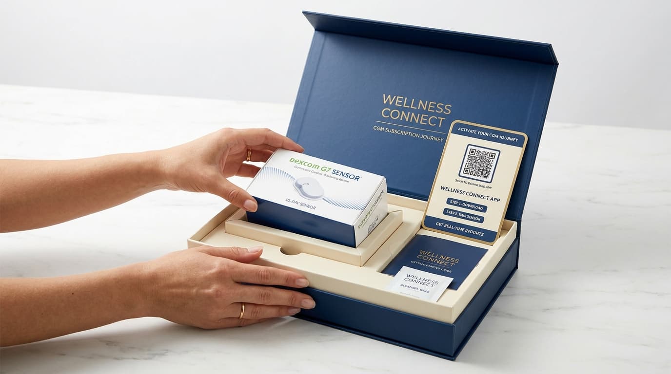 CGM subscription service box with glucose sensor and smartphone coaching app