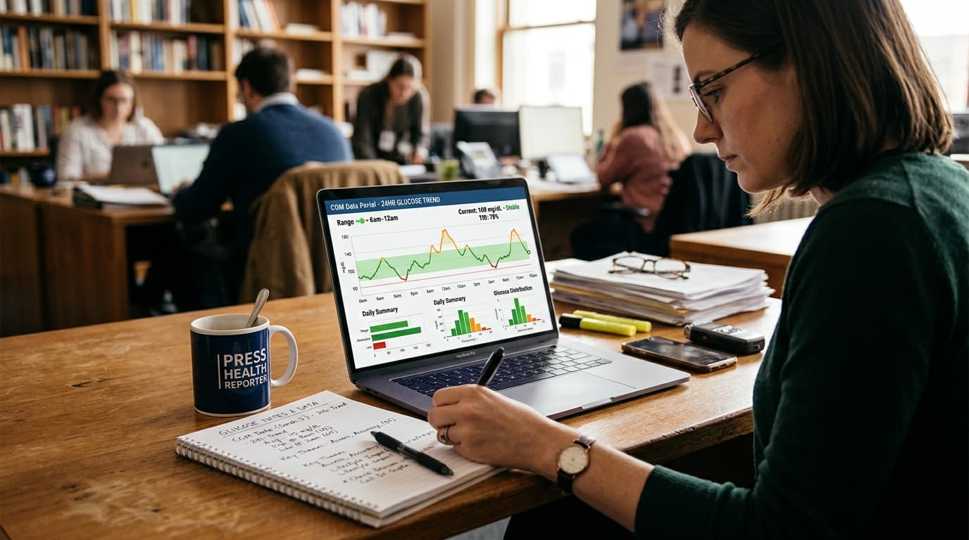 GlucoseIntel editorial desk with CGM research notes and glucose monitoring articles