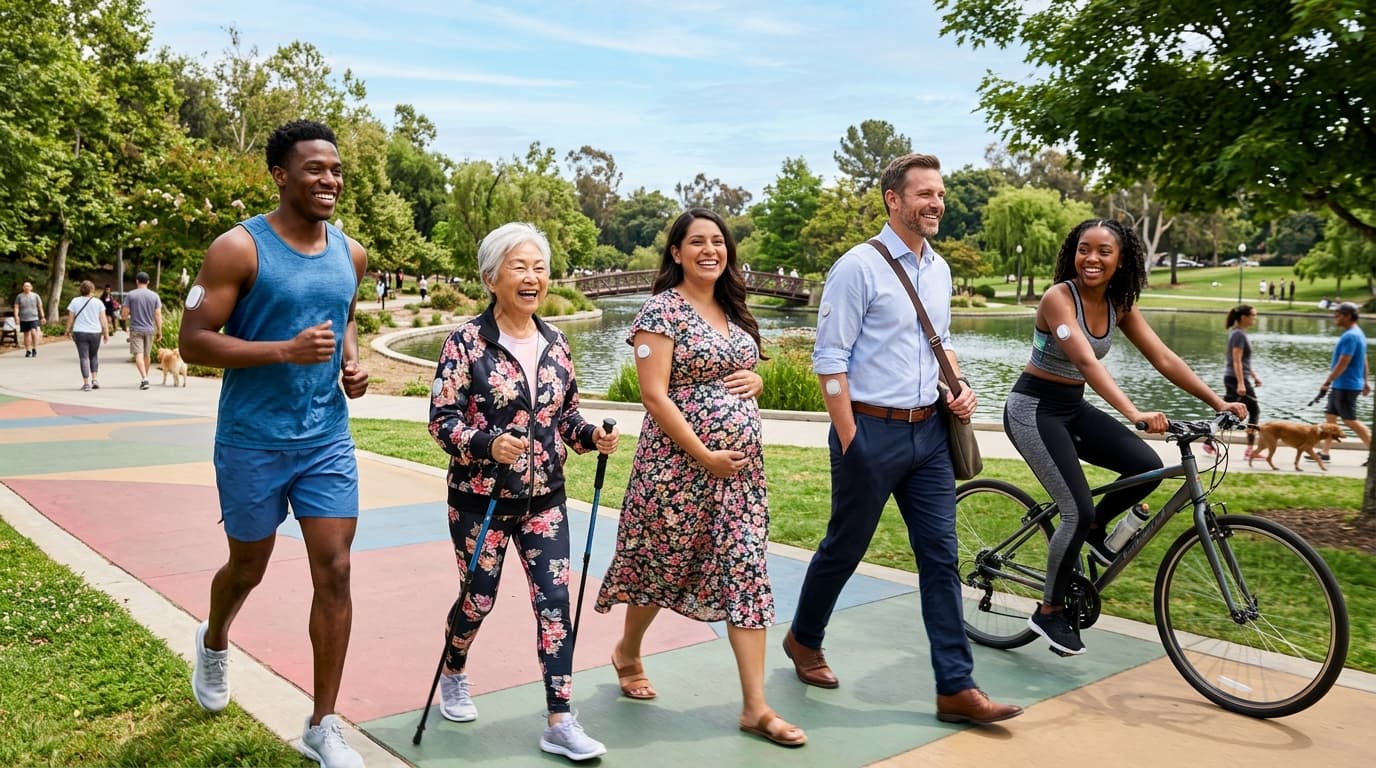 diverse group of people wearing continuous glucose monitors for diabetes and wellness