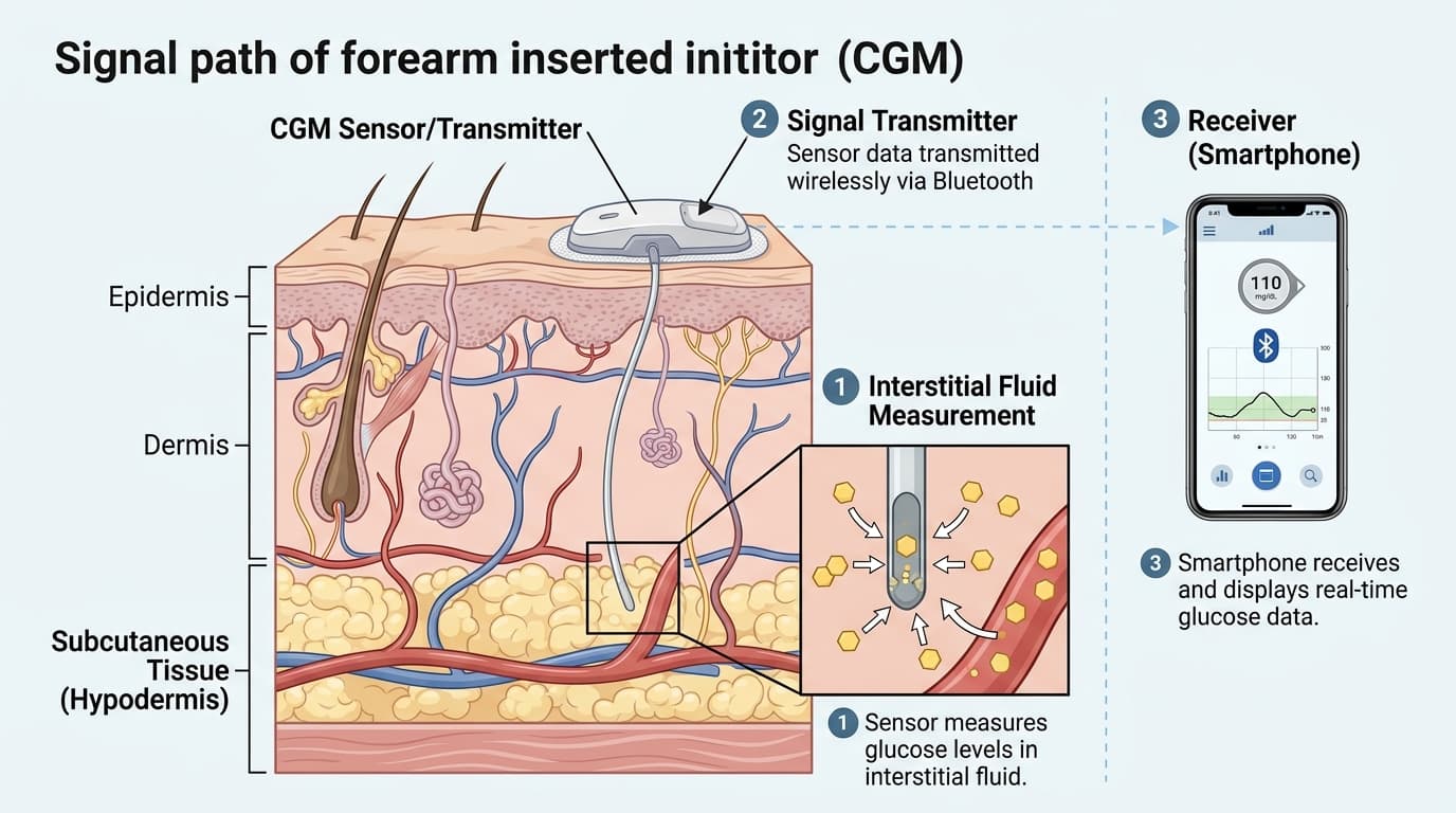continuous glucose monitor sensor cross-section showing interstitial fluid measurement