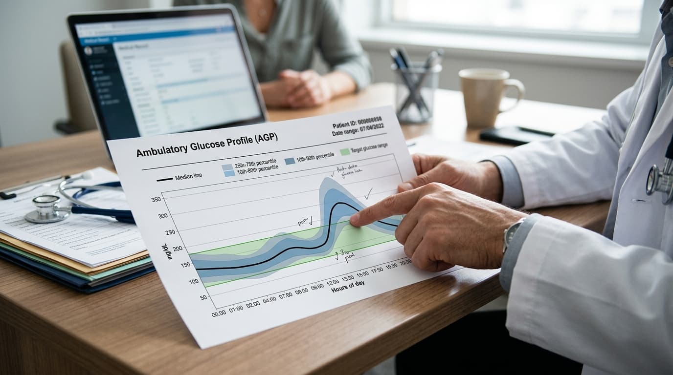CGM glucose report time in range statistics and daily glucose patterns