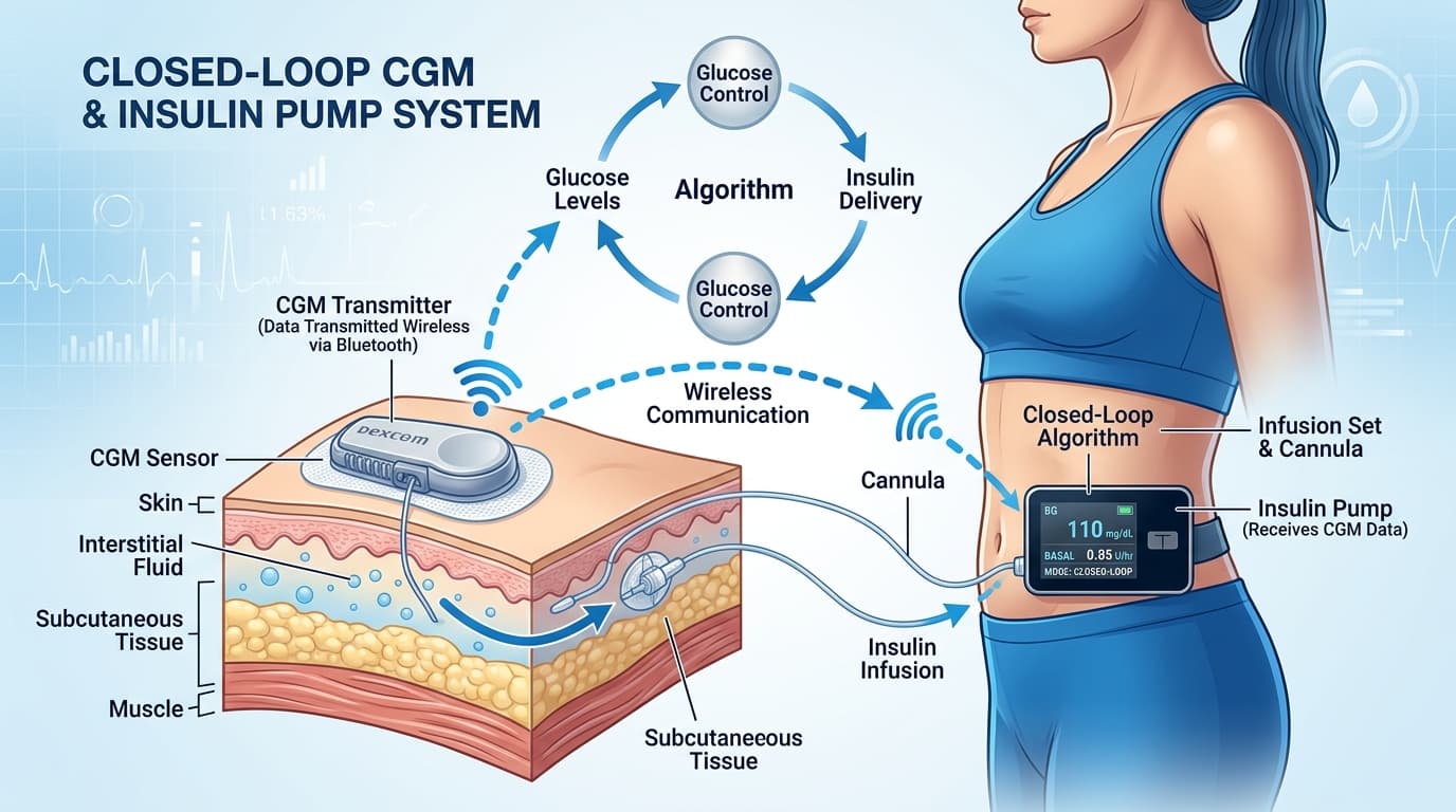 CGM and insulin pump closed-loop automated insulin delivery system