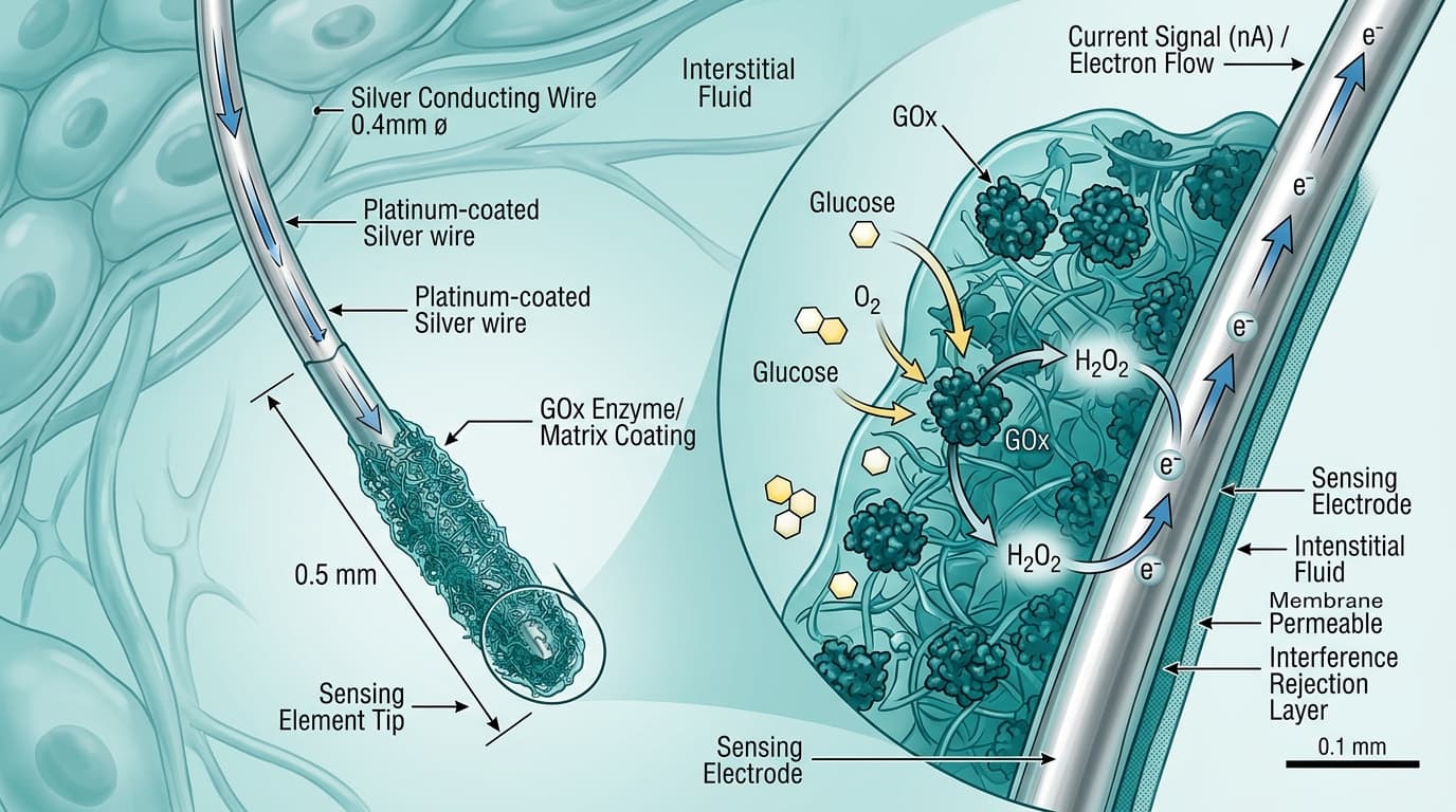 continuous glucose monitor sensor filament and enzyme coating technology