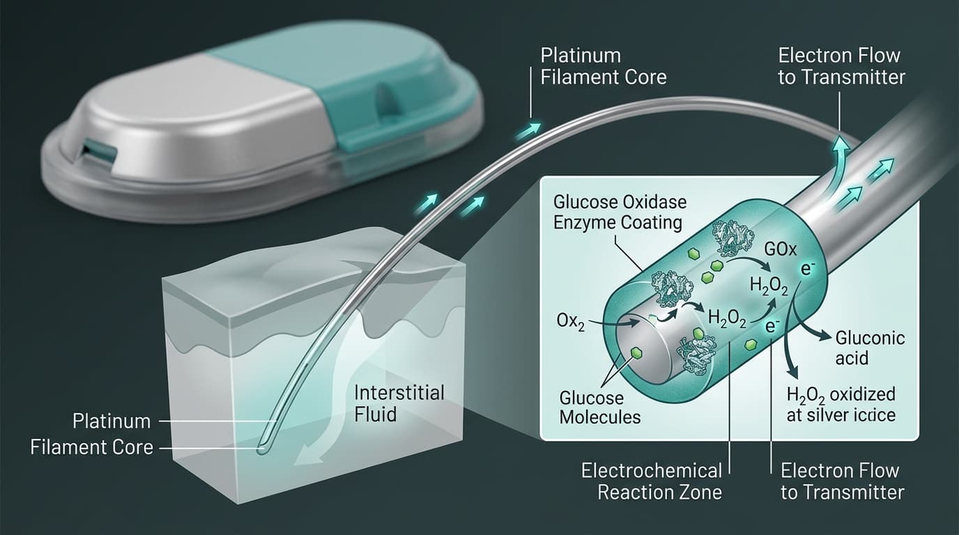 CGM sensor technology filament closeup electrochemical glucose detection