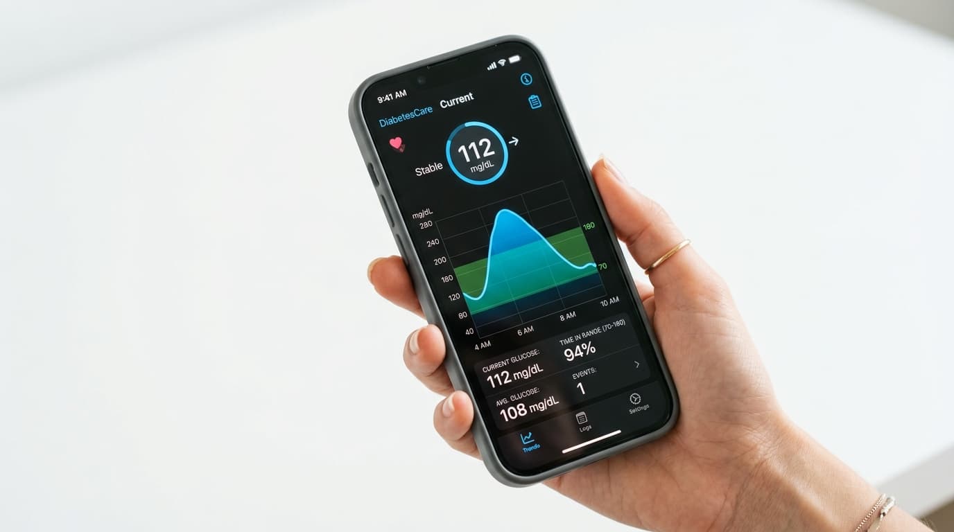 CGM smartphone app glucose trend graph with trend arrows and alerts