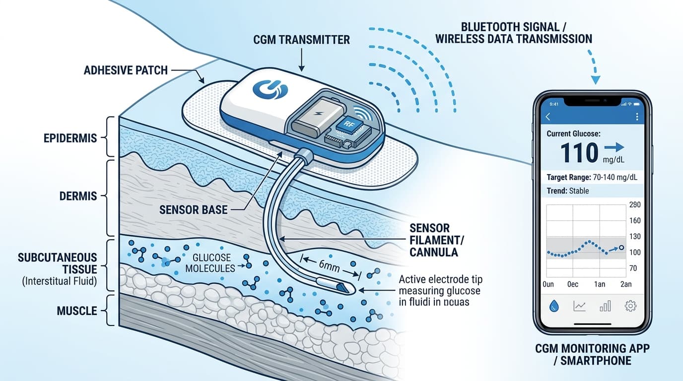 how continuous glucose monitors work sensor cross-section diagram