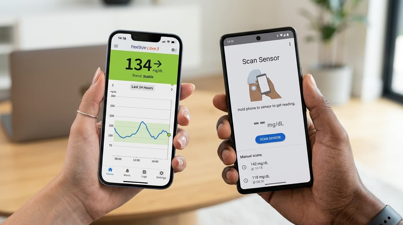 real-time CGM versus flash glucose monitoring smartphone app comparison