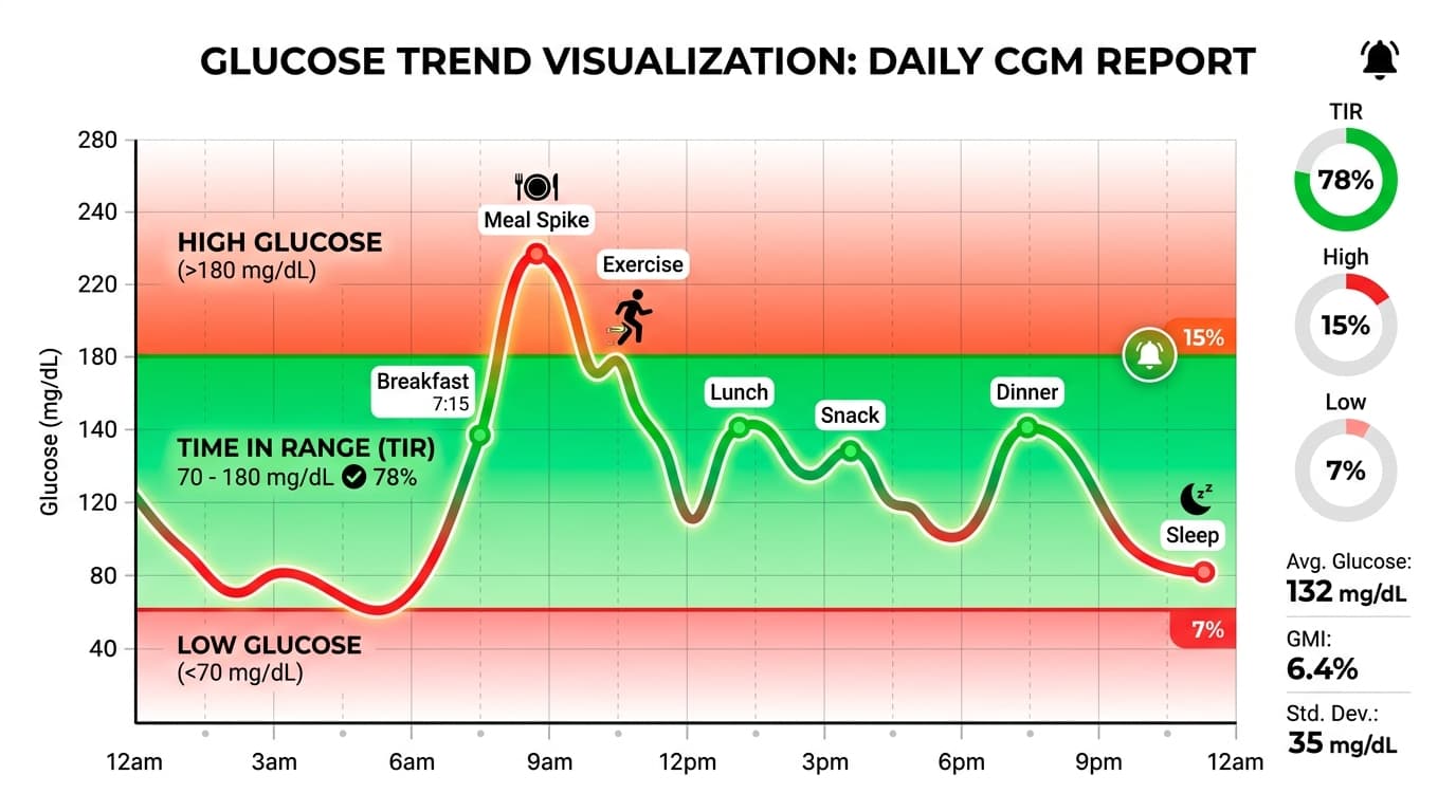 time in range CGM glucose graph showing 70 to 180 mg/dL target zone