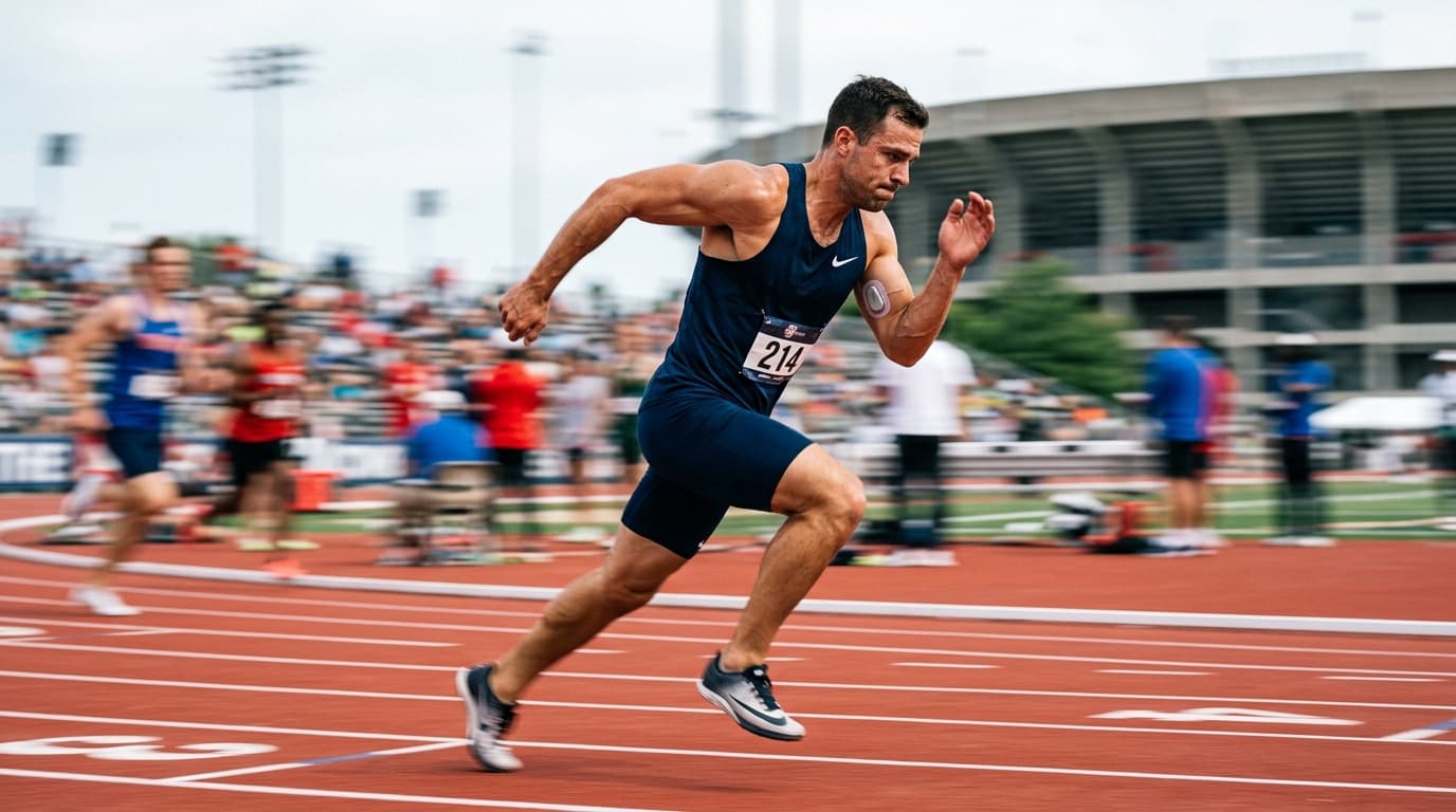 athlete runner wearing CGM sensor on arm during training