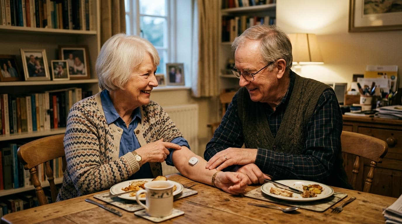 Medicare-eligible elderly couple reviewing CGM glucose data together