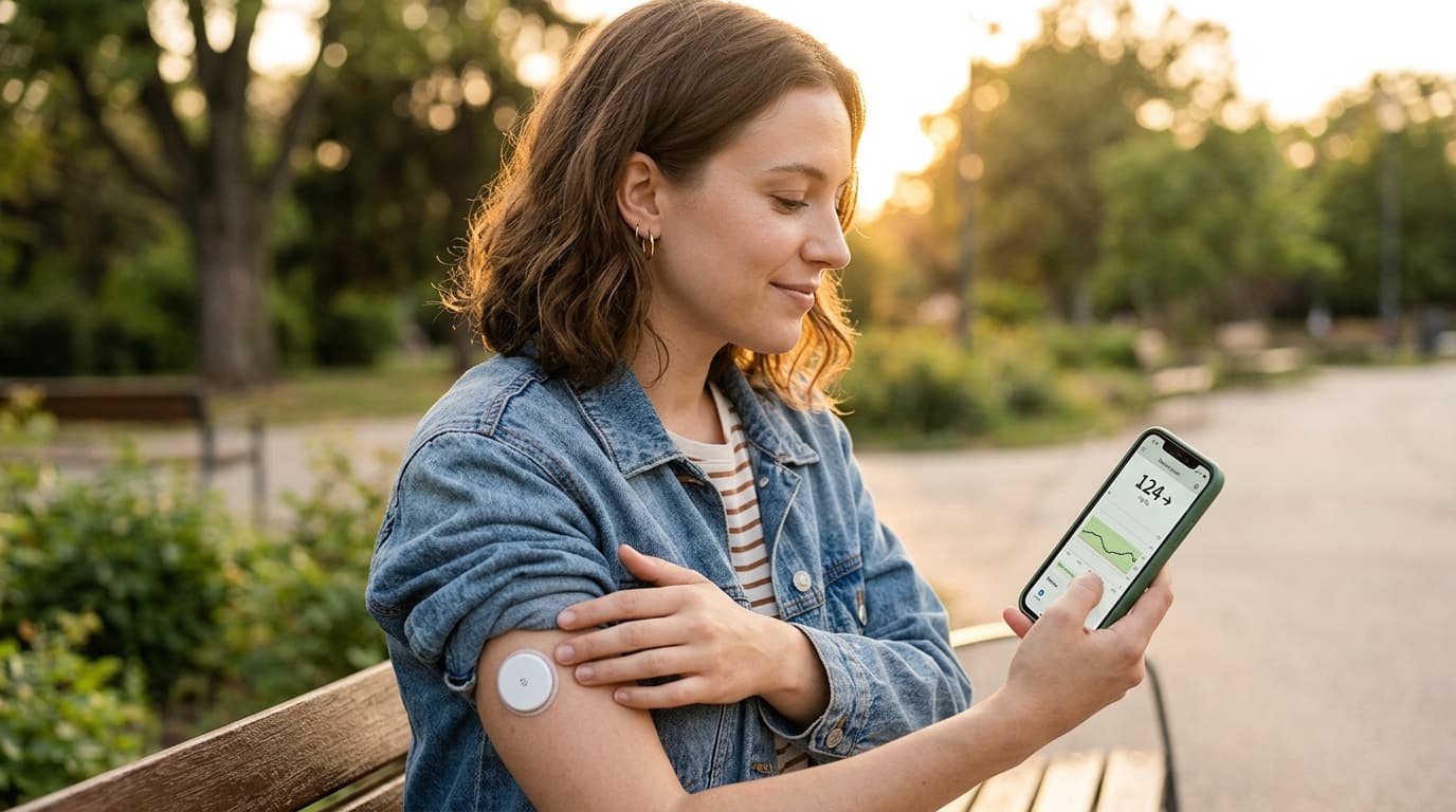 type 1 diabetes patient checking CGM sensor glucose reading on arm
