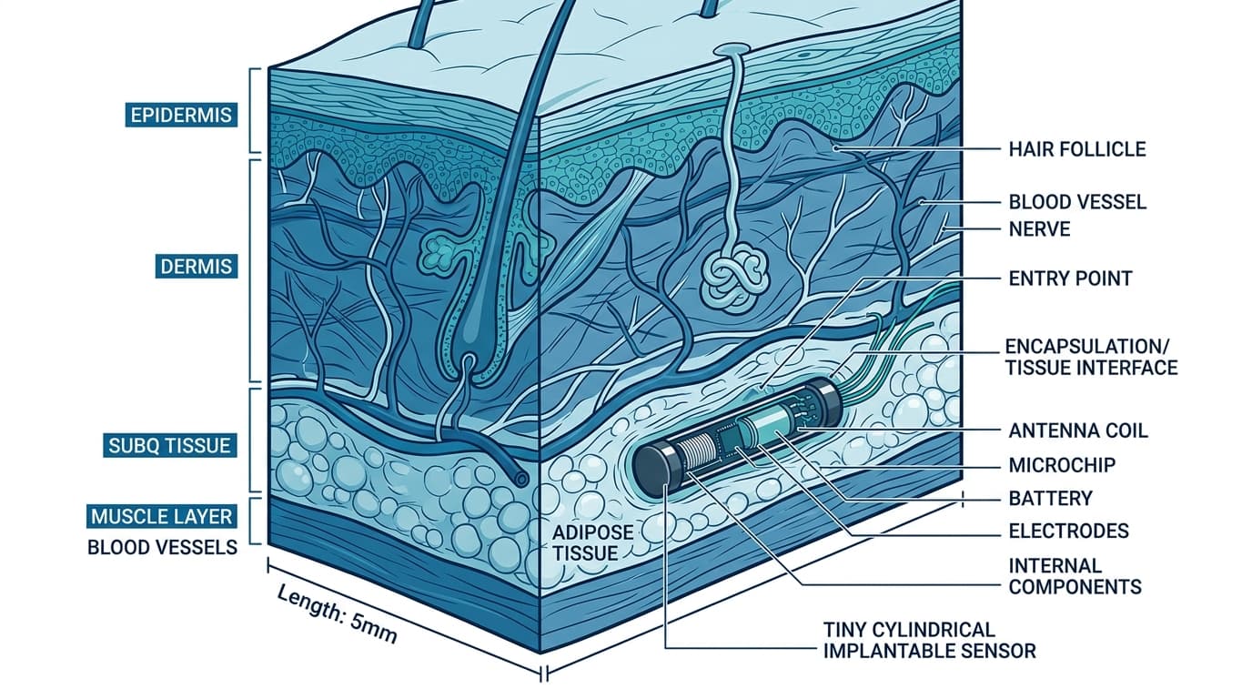 implantable CGM sensor Eversense cross-section under skin diagram
