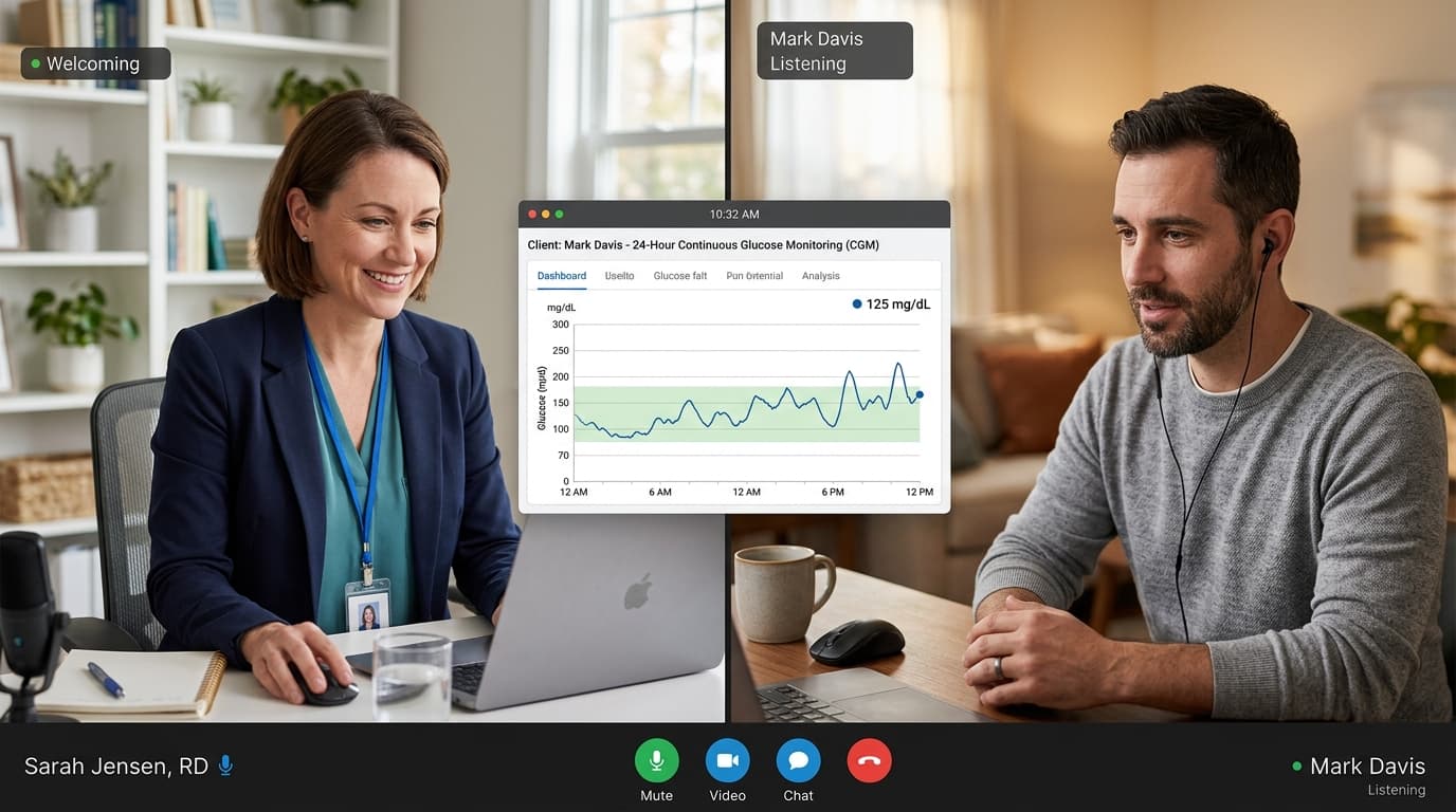 Nutrisense registered dietitian video call reviewing CGM glucose data