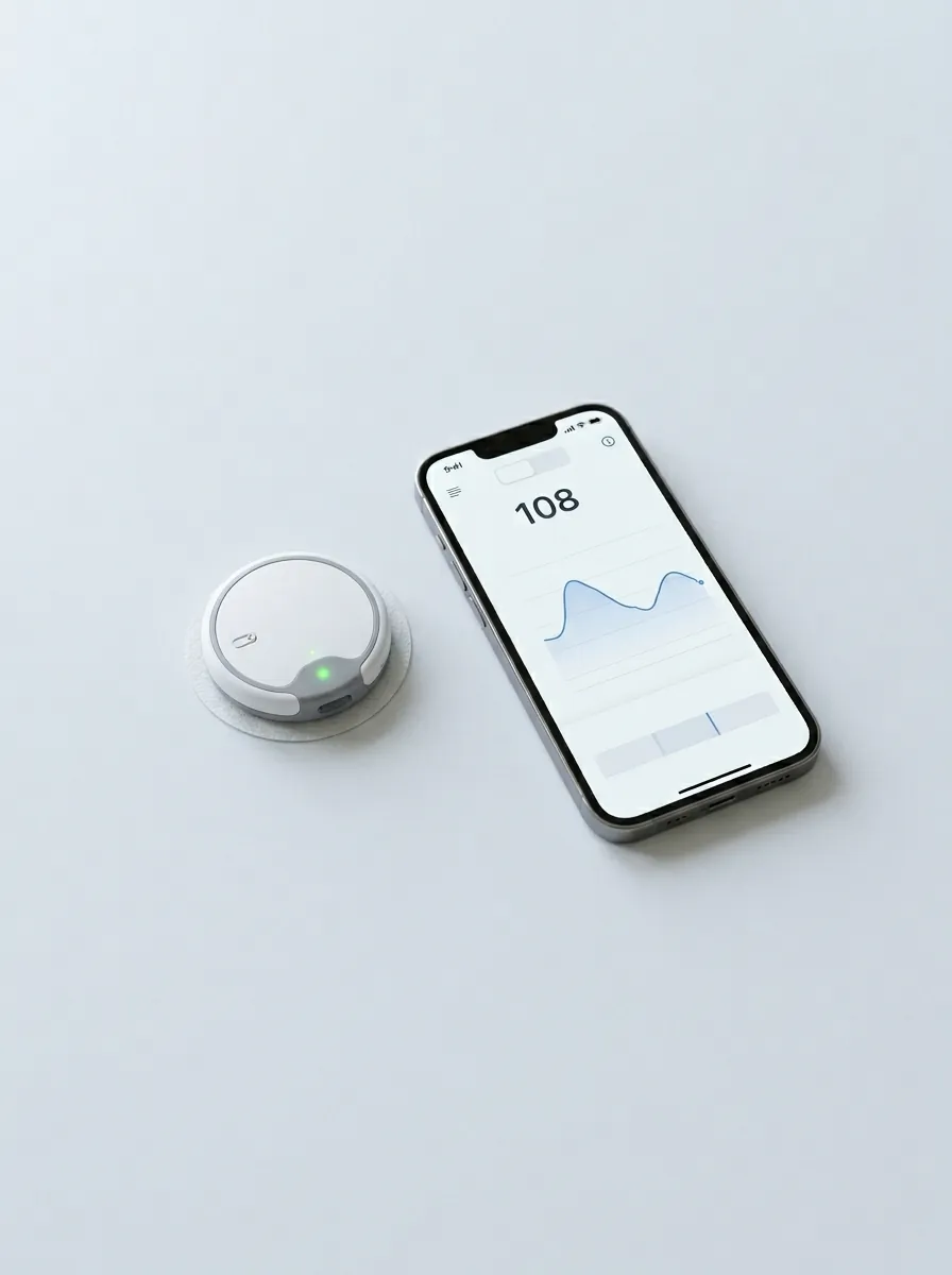 continuous glucose monitor device showing real-time glucose reading on smartphone