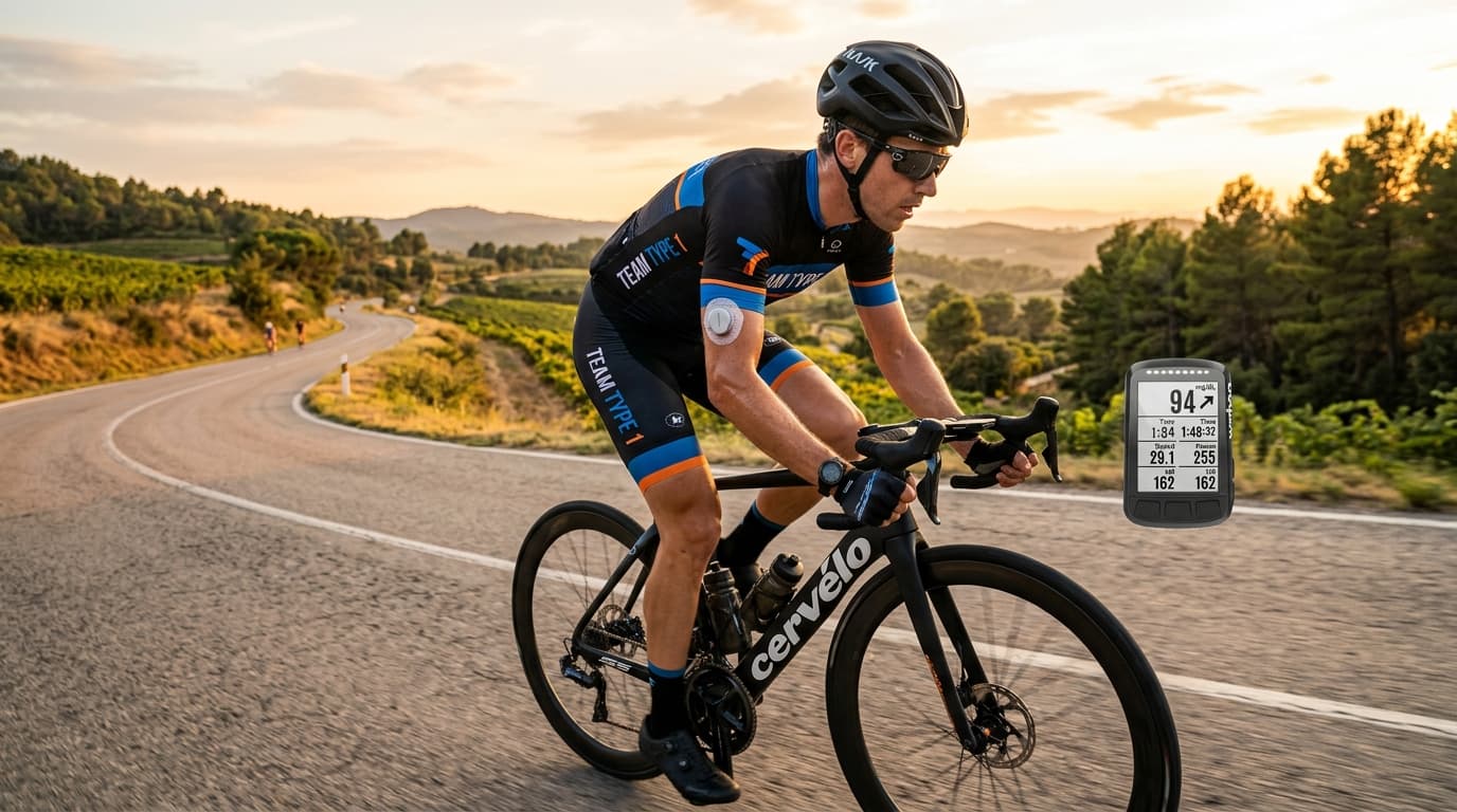cyclist athlete wearing CGM sensor monitoring glucose during training ride