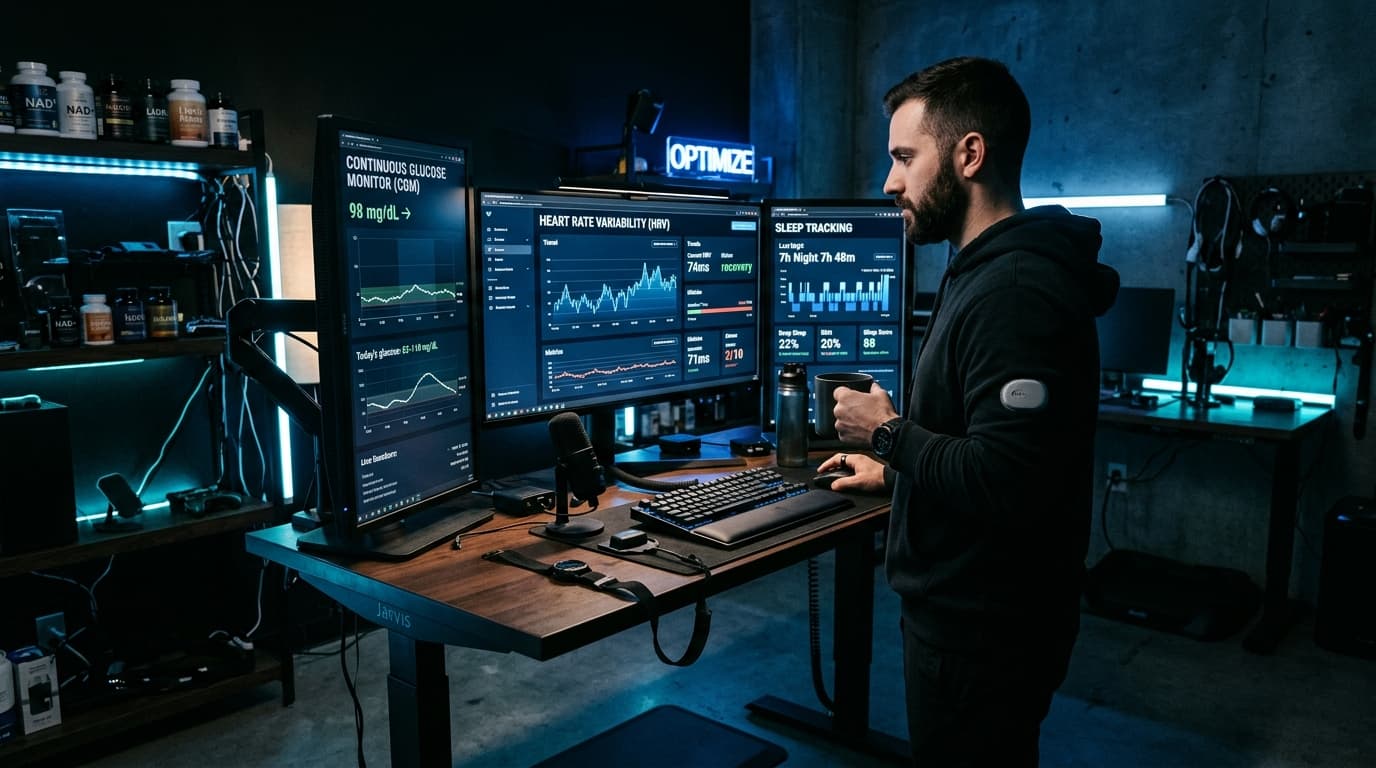 continuous glucose monitor biohacking stack with health metrics dashboard