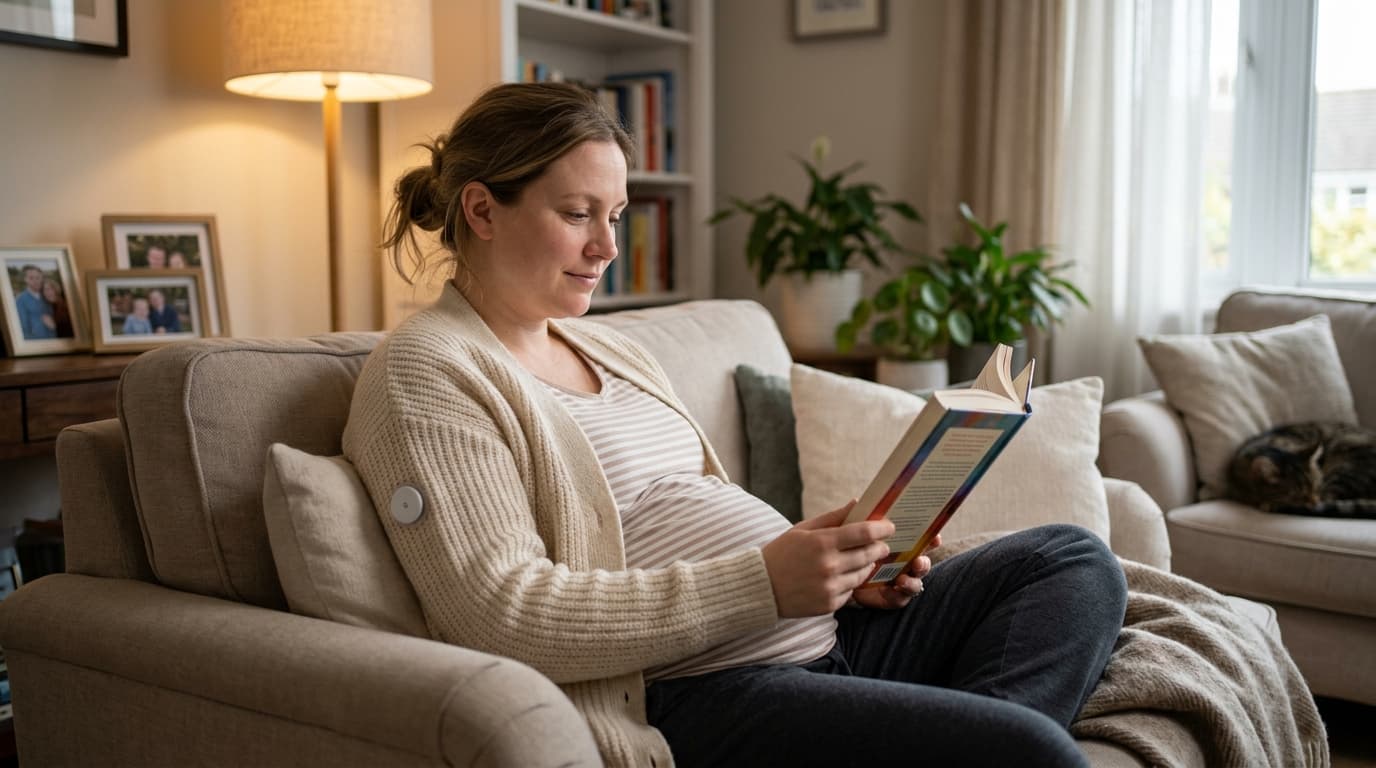 pregnant woman resting with CGM sensor for glucose wellness monitoring