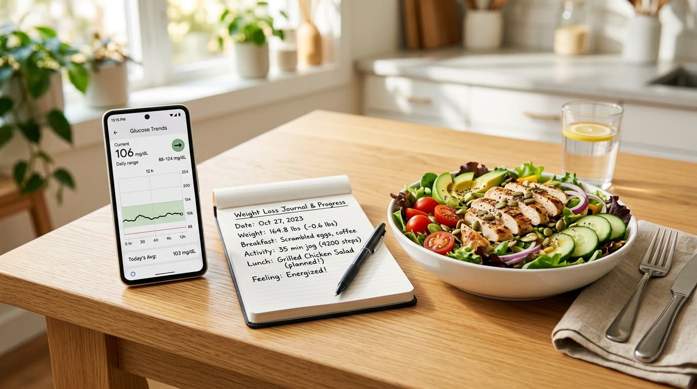 CGM weight loss glucose journal tracking food response and calories