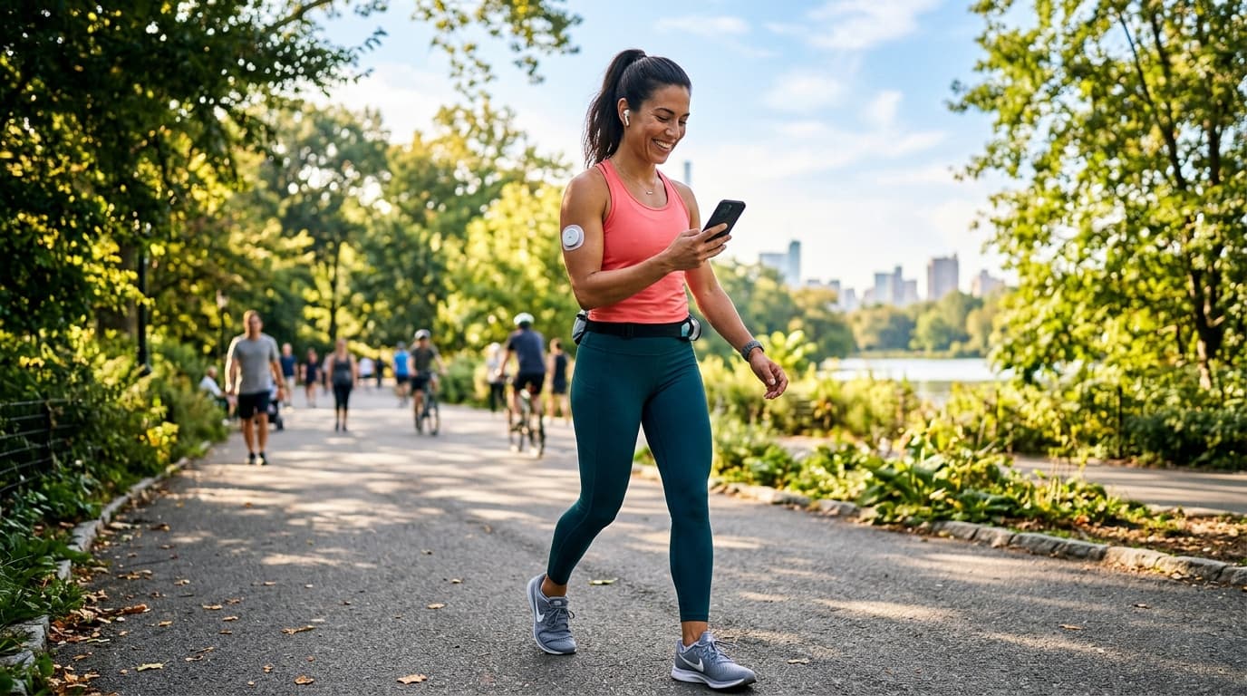 non-diabetic wellness user with CGM sensor during morning walk